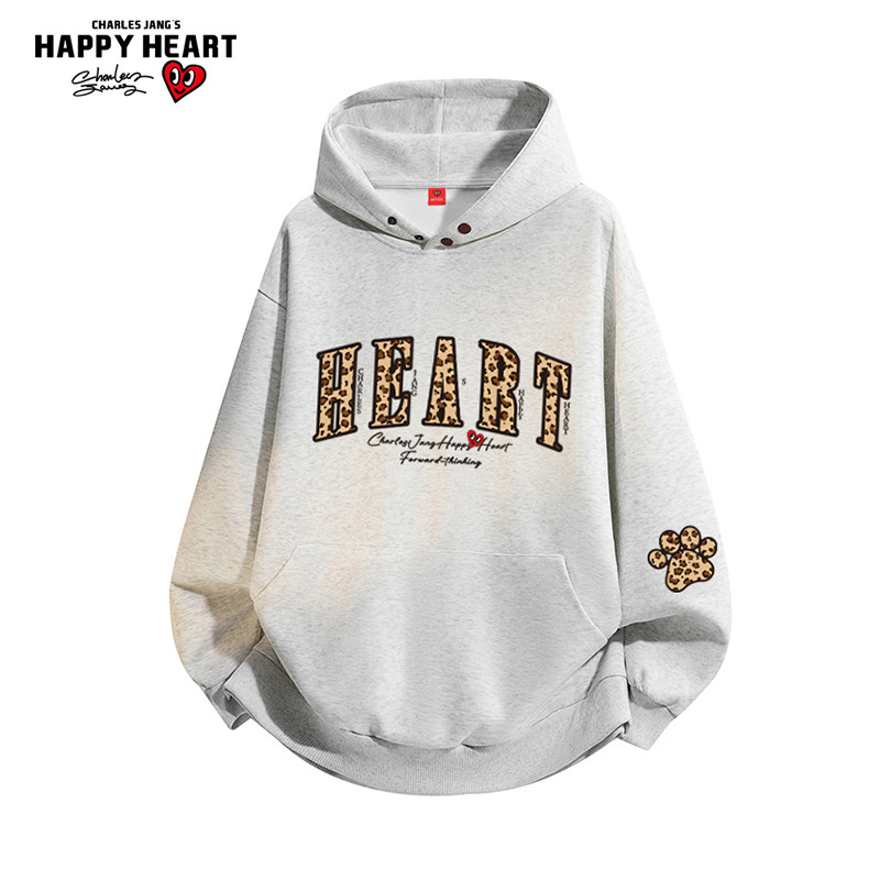 查尔斯桃心豹纹字母印花纯棉休闲连帽卫衣男女春秋季潮牌运动外套