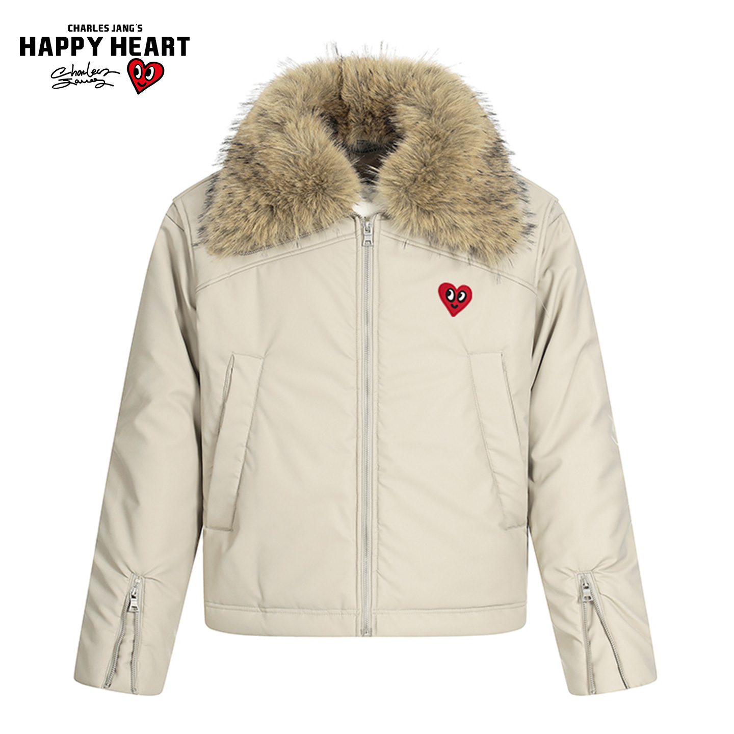 查尔斯桃心美式复古毛领PU皮棉衣