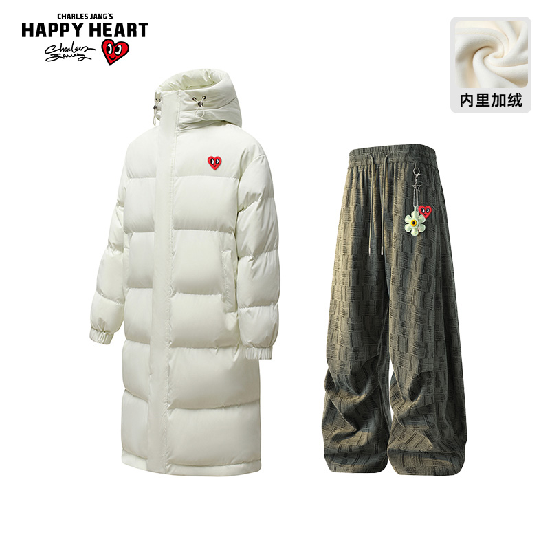 查尔斯桃心中长款连帽棉服套装男