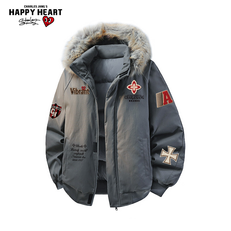 查尔斯桃心徽章印花85羽绒服男女冬季新款宽松休闲工装连帽外套潮,男装,羽绒服,淘宝优惠券,粉丝福利购,淘宝优惠卷