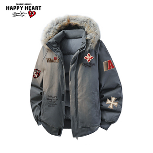 查尔斯桃心徽章印花85羽绒服男女冬季新款宽松休闲工装连帽外套潮
