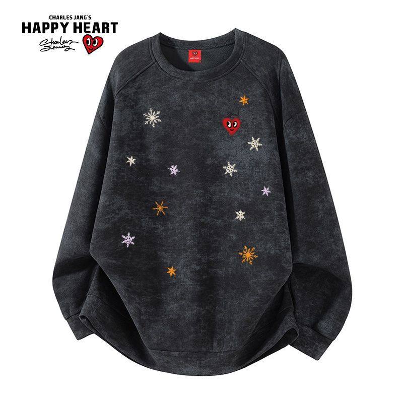 查尔斯桃心德绒美式复古做旧扎染雪花印花情侣休闲圆领长袖卫衣男