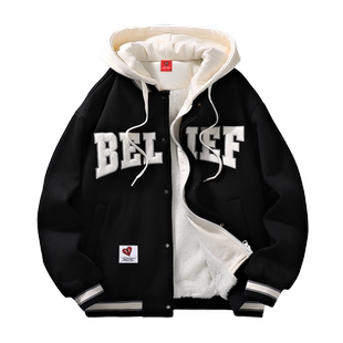 查尔斯桃心 连帽棒球棉服男士冬季2025新款加绒加厚字母棉衣外套