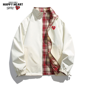 查尔斯桃心 拼色格子双面穿立领运动夹克男女春秋季 防风情侣外套