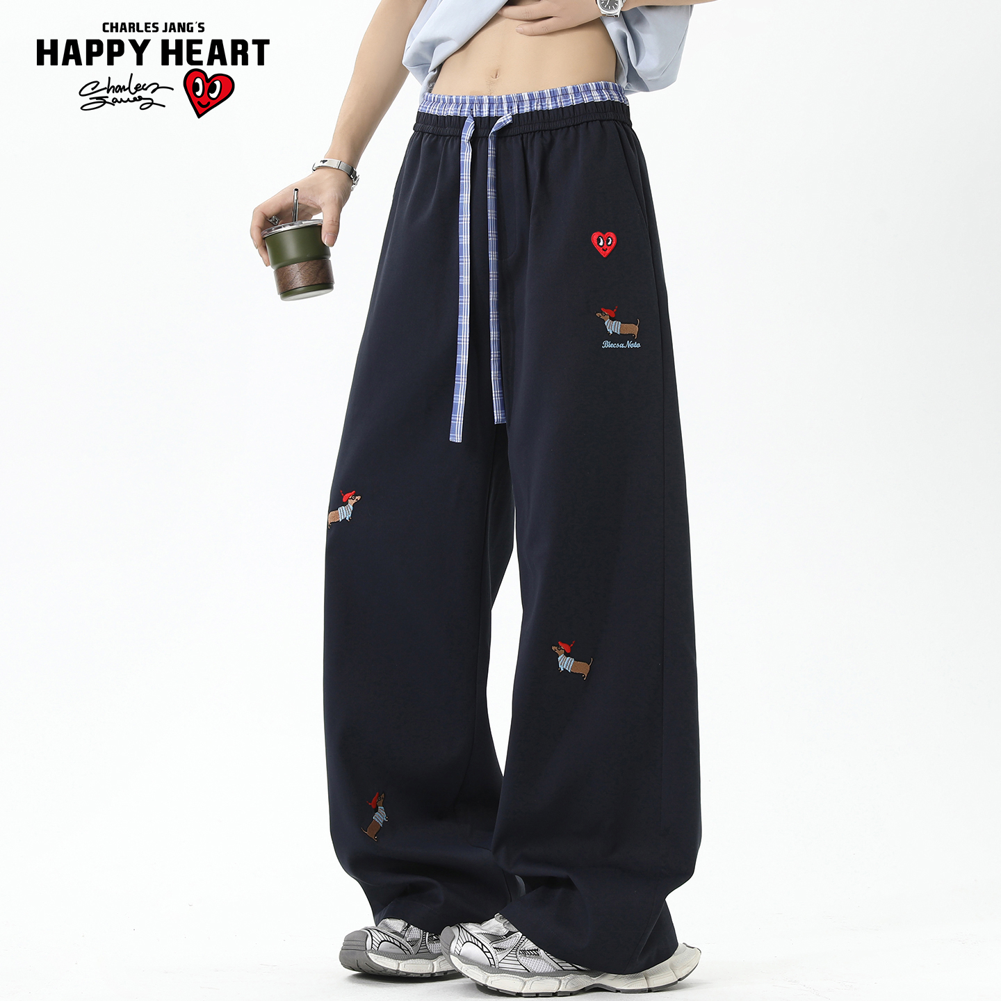查尔斯桃心腊肠狗刺绣休闲裤男女秋冬季宽松加绒加厚阔腿直筒裤子