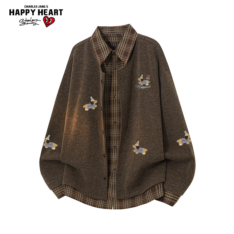 查尔斯桃心腊肠狗印花复古拼接外套男女春秋季百搭休闲针织夹克潮