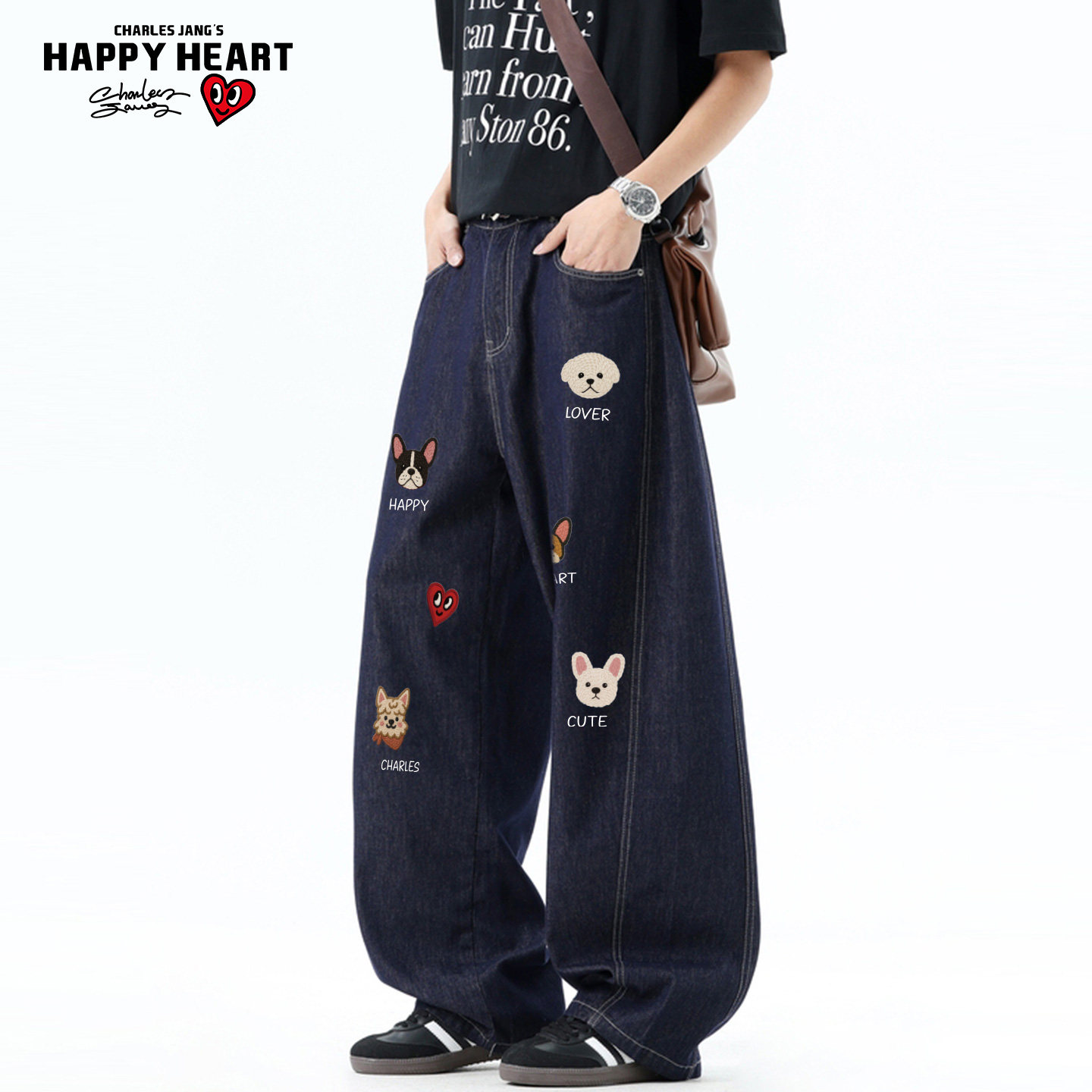 查尔斯桃心美式卡通印花天丝宽松弯刀牛仔裤男女夏季薄款直筒长裤