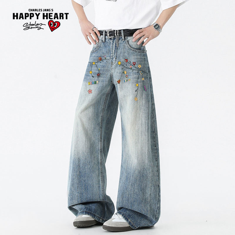 查尔斯桃心美式复古新款竹节纹水洗做旧磨白宽松阔腿直筒牛仔裤男