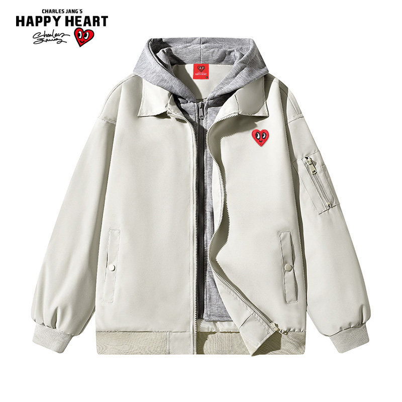 查尔斯桃心 美式假两件连帽夹克男春秋季新款宽松百搭飞行员外套