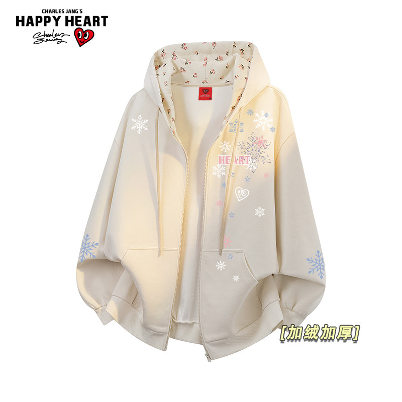查尔斯桃心雪花印花开衫卫衣男女冬季新款加绒加厚连帽休闲外套潮