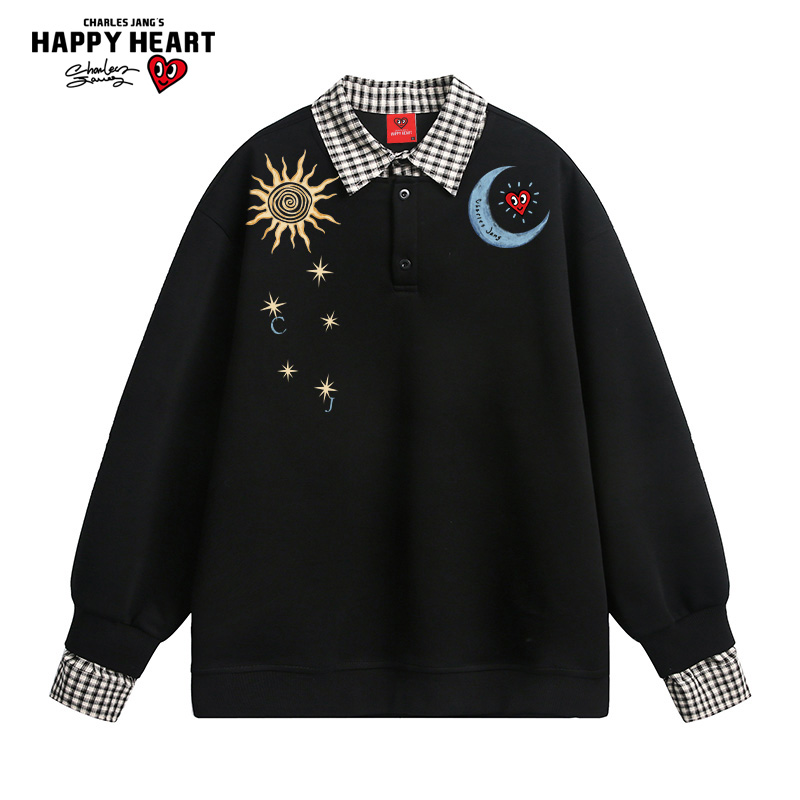 查尔斯桃心 日月印花polo领卫衣男女春秋季拼接格子休闲情侣长袖