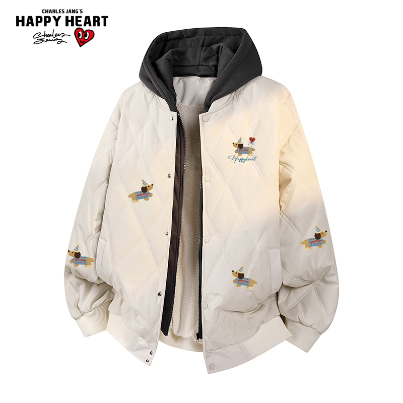 查尔斯桃心 美式腊肠狗印花棉服男女冬季假两件加绒加厚保暖外套