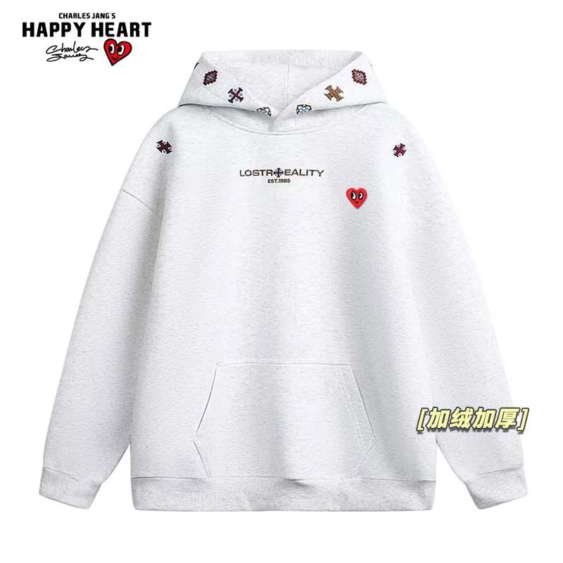 查尔斯桃心复古民族风刺绣加绒加厚连帽卫衣