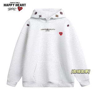 查尔斯桃心复古民族风刺绣加绒加厚连帽卫衣男女冬季新款百搭上衣