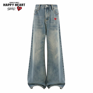 查尔斯桃心微喇牛仔裤男款春秋季美式复古直筒宽松阔腿加绒长裤子