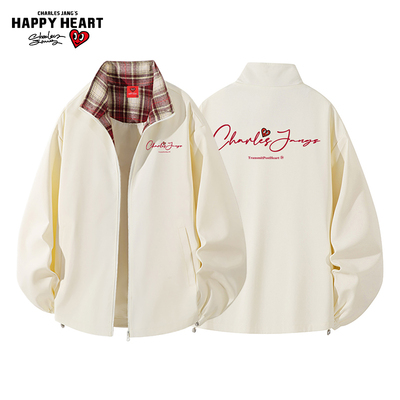 查尔斯桃心 美式复古格子休闲夹克男手绘字母印花情侣百搭外套
