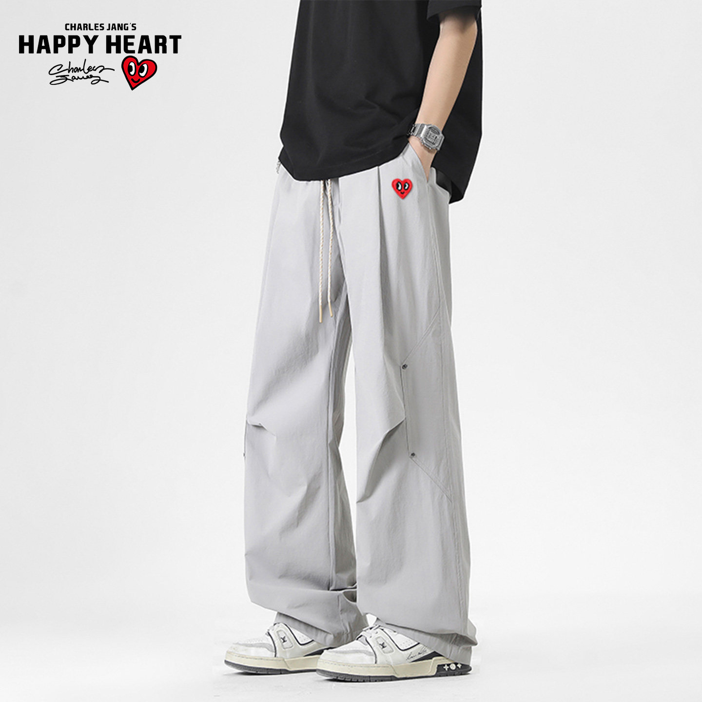 查尔斯桃心新款美式宽松直筒阔腿休闲裤男女同款褶皱cleanfit长裤,男装,休闲裤,淘宝优惠券,粉丝福利购,淘宝优惠卷