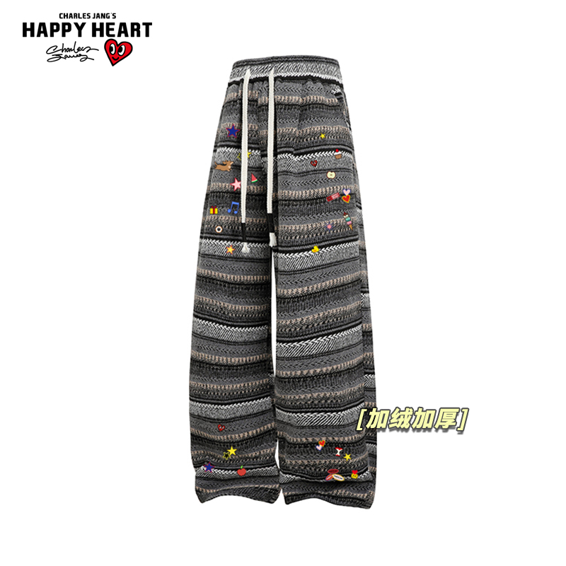 查尔斯桃心趣味印花条纹慵懒加绒加厚直筒休