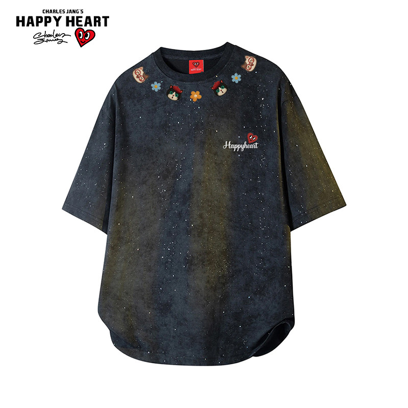 查尔斯桃心小猫印花满天星短袖T恤夏季2026新款宽松男女上衣体恤