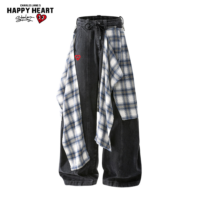 查尔斯桃心 美式复古格纹拼接牛仔裤男宽松阔腿直筒痞帅休闲长裤,男装,牛仔裤,淘宝优惠券,粉丝福利购,淘宝优惠卷