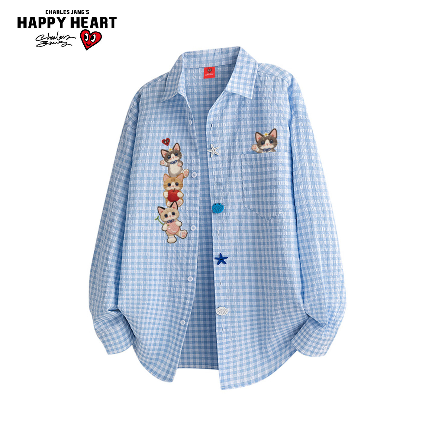 查尔斯桃心美式格子长袖衬衫男女款夏季情侣卡通刺绣纽扣衬衣外套