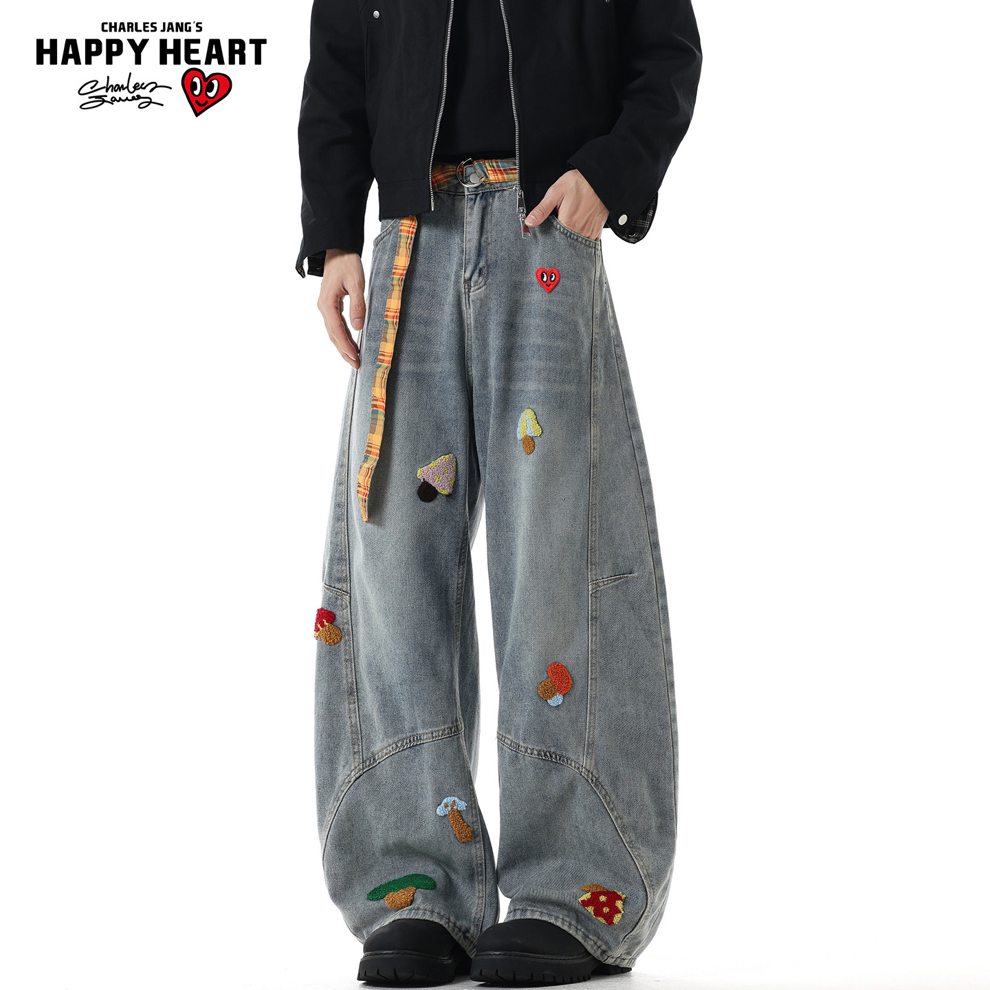 查尔斯桃心美式复古毛巾绣牛仔裤男女冬季新款解构宽松阔腿弯刀裤,男装,牛仔裤,淘宝优惠券,粉丝福利购,淘宝优惠卷