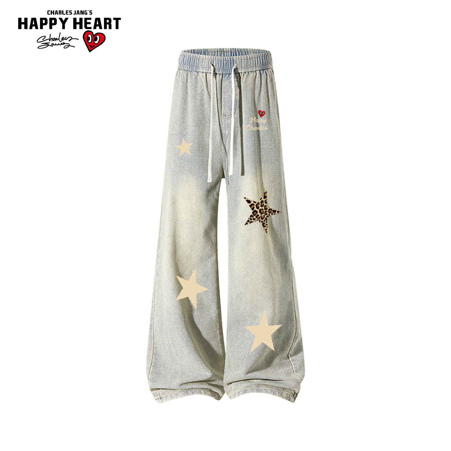 查尔斯桃心美式复古牛仔裤男春秋季休闲工装刺绣重磅直筒阔腿长裤