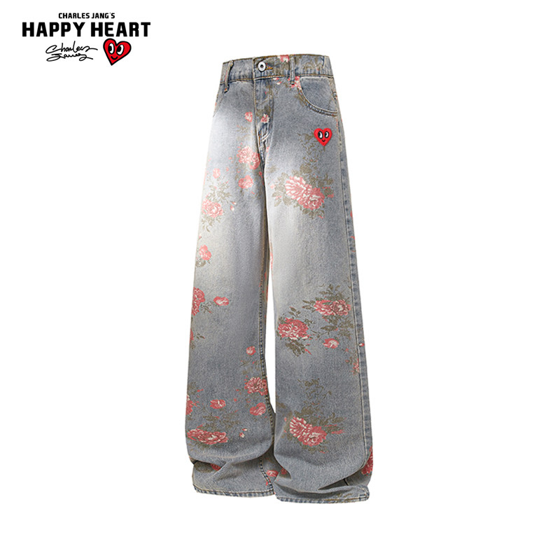 查尔斯桃心美式满印花朵牛仔裤男女宽松休闲百搭阔腿直筒长裤子潮,男装,牛仔裤,淘宝优惠券,粉丝福利购,淘宝优惠卷