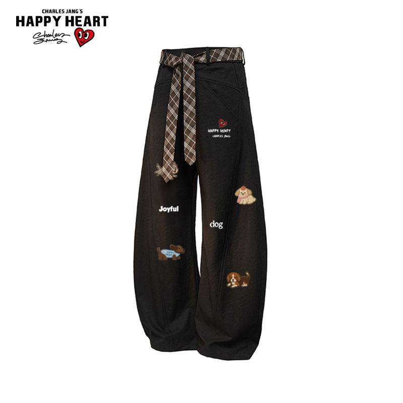 查尔斯桃心趣味小狗印花直筒裤子男女2025新款宽松休闲百搭弯刀裤