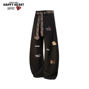 宽松休闲百搭弯刀裤 查尔斯桃心趣味小狗印花直筒裤 子男女2025新款