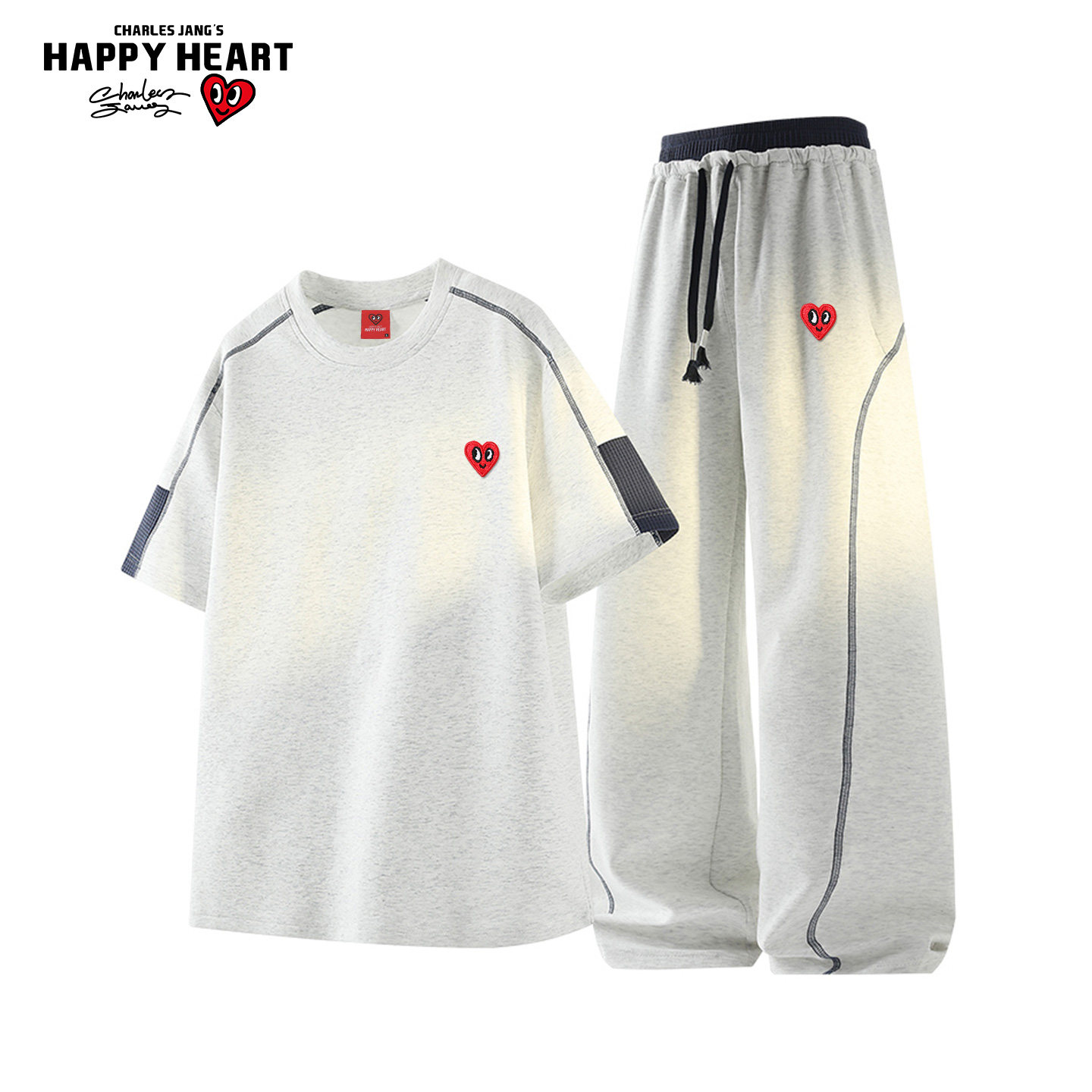 查尔斯桃心索罗娜冰丝短袖T恤运动休闲套装男女夏季情侣辑线长裤