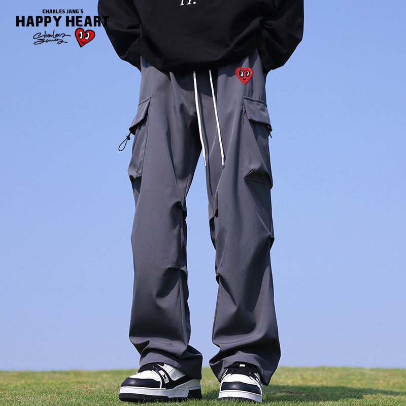 查尔斯桃心 裤子男款美式纯色褶皱宽松阔腿直筒垂感伞兵工装长裤