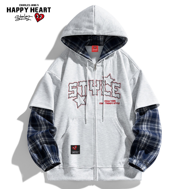 查尔斯桃心 美式街头假两件格子拼接连帽开衫卫衣男秋季情侣外套