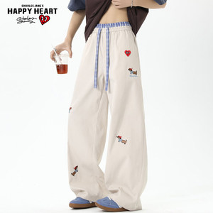 查尔斯桃心 腊肠狗刺绣美式裤子男春夏秋季拼接格子直筒休闲长裤