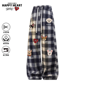 查尔斯桃心冬季 小狗印花直筒垂感休闲长裤 加绒加厚裤 子男潮牌新款