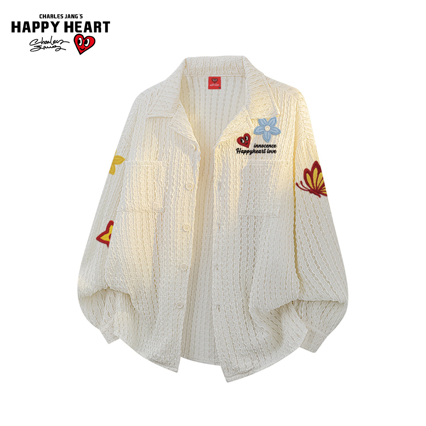 查尔斯桃心美式潮流新款蝴蝶花卉印花长袖衬衫男女情侣款百搭外套