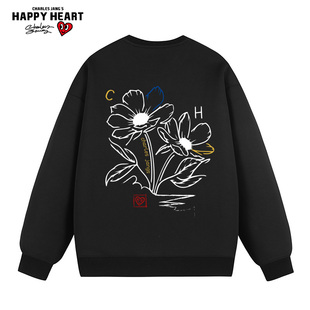 查尔斯桃心 植物花卉印花无帽圆领套头长袖卫衣男宽松情侣休闲