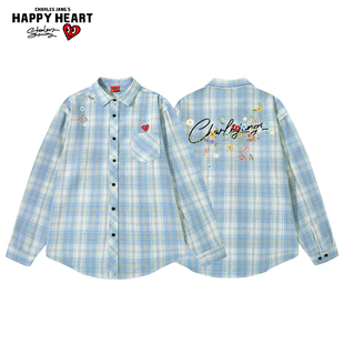 查尔斯桃心美式花卉印花格子长袖衬衫男女秋冬季痞帅高街衬衣外套