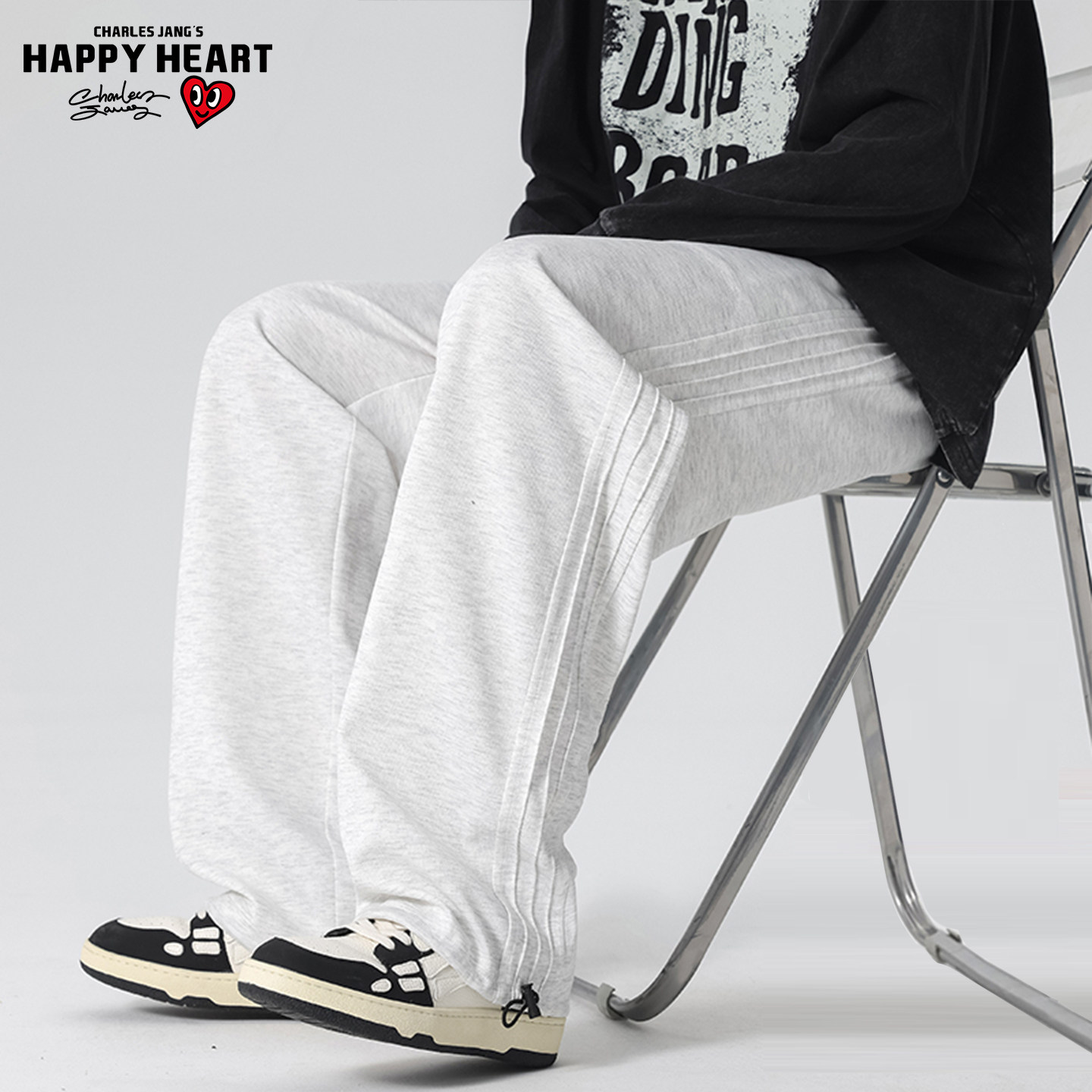 查尔斯桃心美式灰色运动卫裤男女秋冬季加绒加厚阔腿垂感休闲长裤