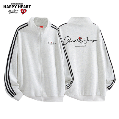 查尔斯桃心 拉链条纹开衫卫衣男手绘字母印花春秋情侣新款宽松