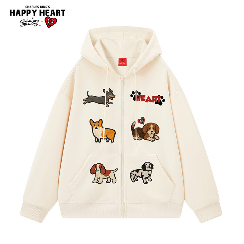 查尔斯桃心 美式复古仿刺绣小狗开衫卫衣男女秋冬季休闲连帽外套