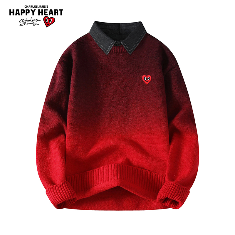 查尔斯桃心渐变假两件衬衫领毛衣男女冬季新