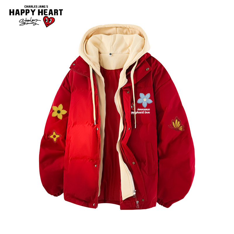 查尔斯桃心马年红色花卉印花连帽羽绒服男女2026新款情侣保暖外套