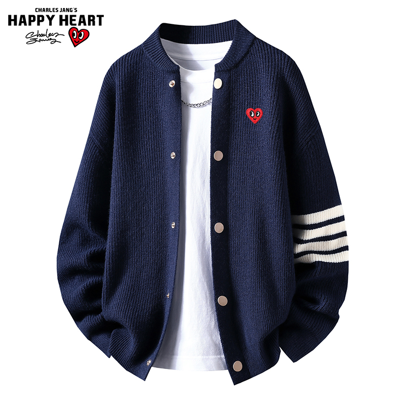 查尔斯桃心拼接条纹针织开衫毛衣男女春秋季宽松新款情侣上衣外套