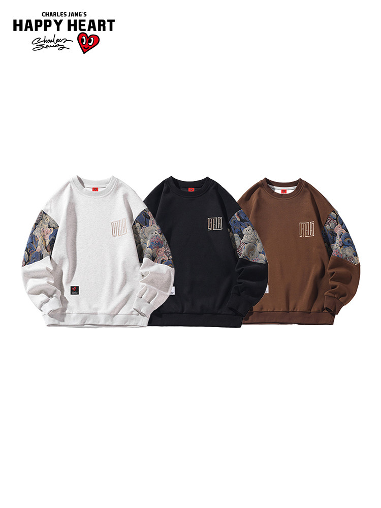 찰스 하트 베어 스웨터 남자 봄 가을 스티치 대비 색 자수 2024 커플 라운드 넥 바닥 셔츠