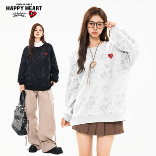 查尔斯桃心 美式扎染卫衣男圆领春秋季新款内搭潮牌宽松落肩上衣