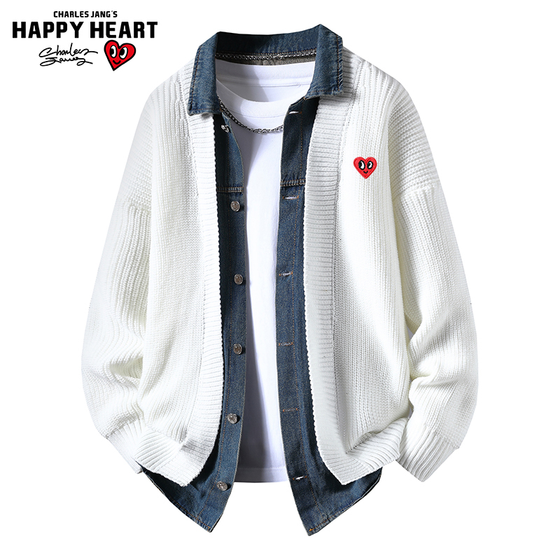 查尔斯桃心 假两件针织衫男春秋季宽松毛衣高级感情侣上衣外套