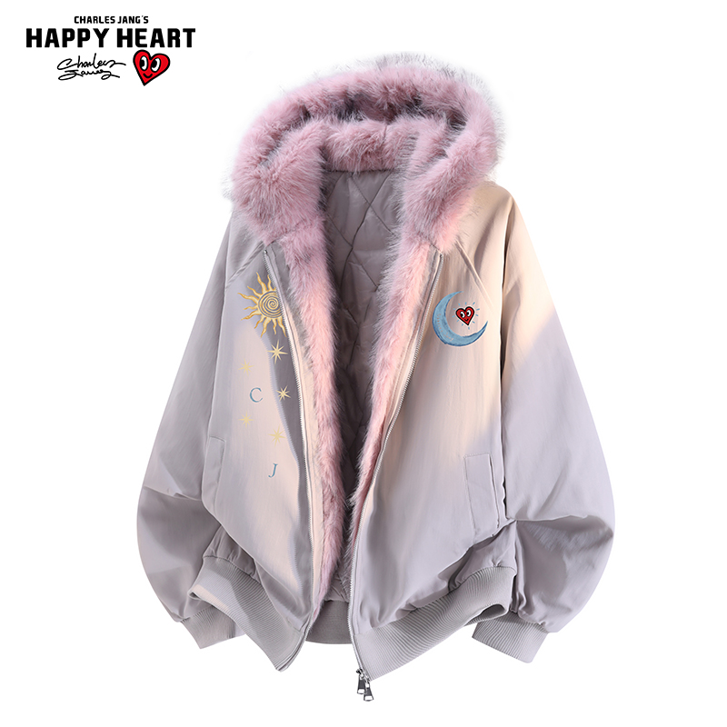 查尔斯桃心座山雕毛领棉衣男外套