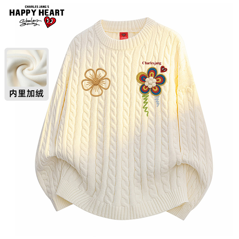 查尔斯桃心美式圆领毛衣冬季加厚保暖花卉印花麻花纹设计感针织衫
