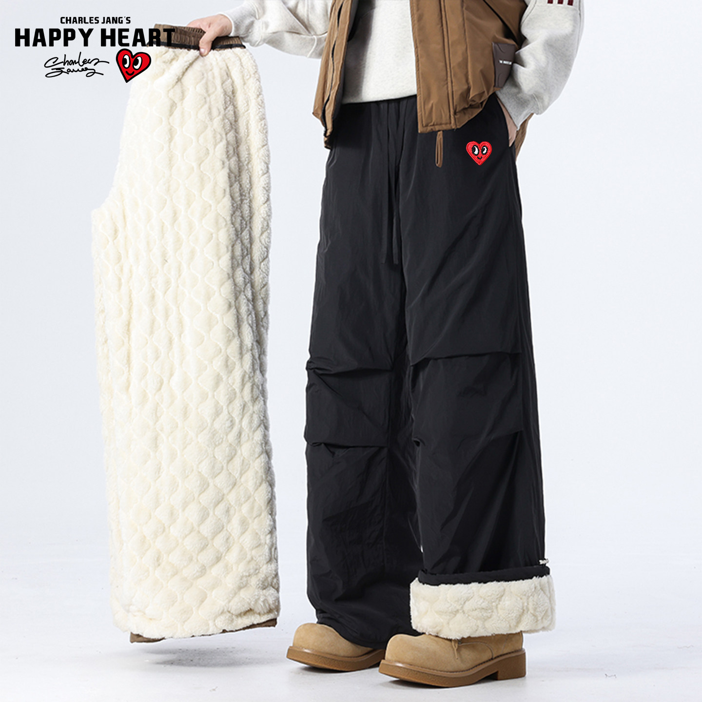 查尔斯桃心 羊羔绒棉裤男女冬季加绒加厚阔腿保暖休闲滑雪伞兵裤